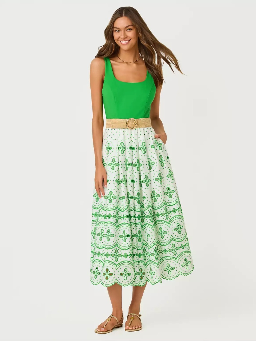 Lilly Pulitzer Lissette Eyelet Midi Dress Green/White Size 14